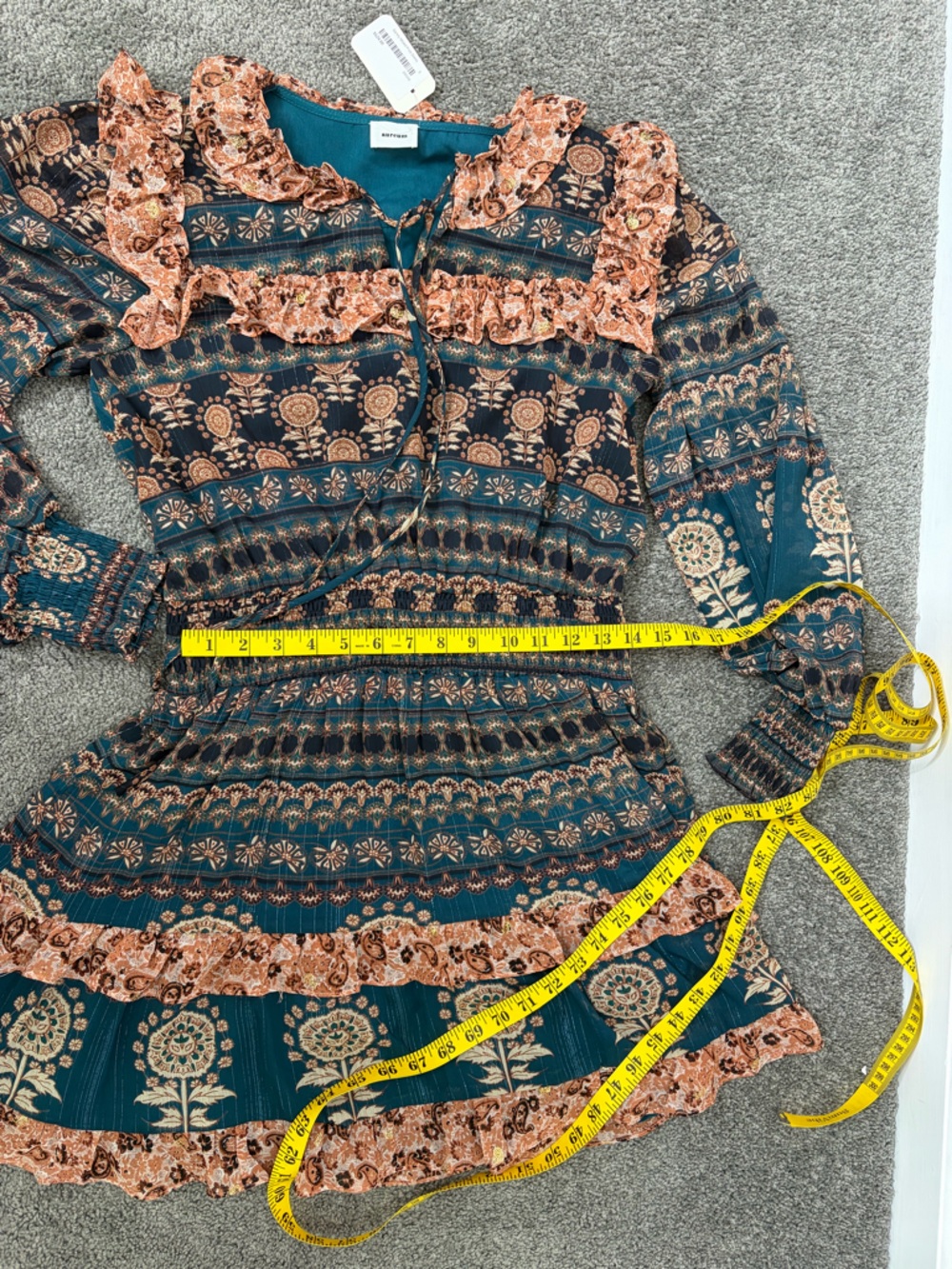 NWT AUREUM Teal and Peach Ruffled Long-Sleeve Tiered Mini Dress - Picture 6 of 9